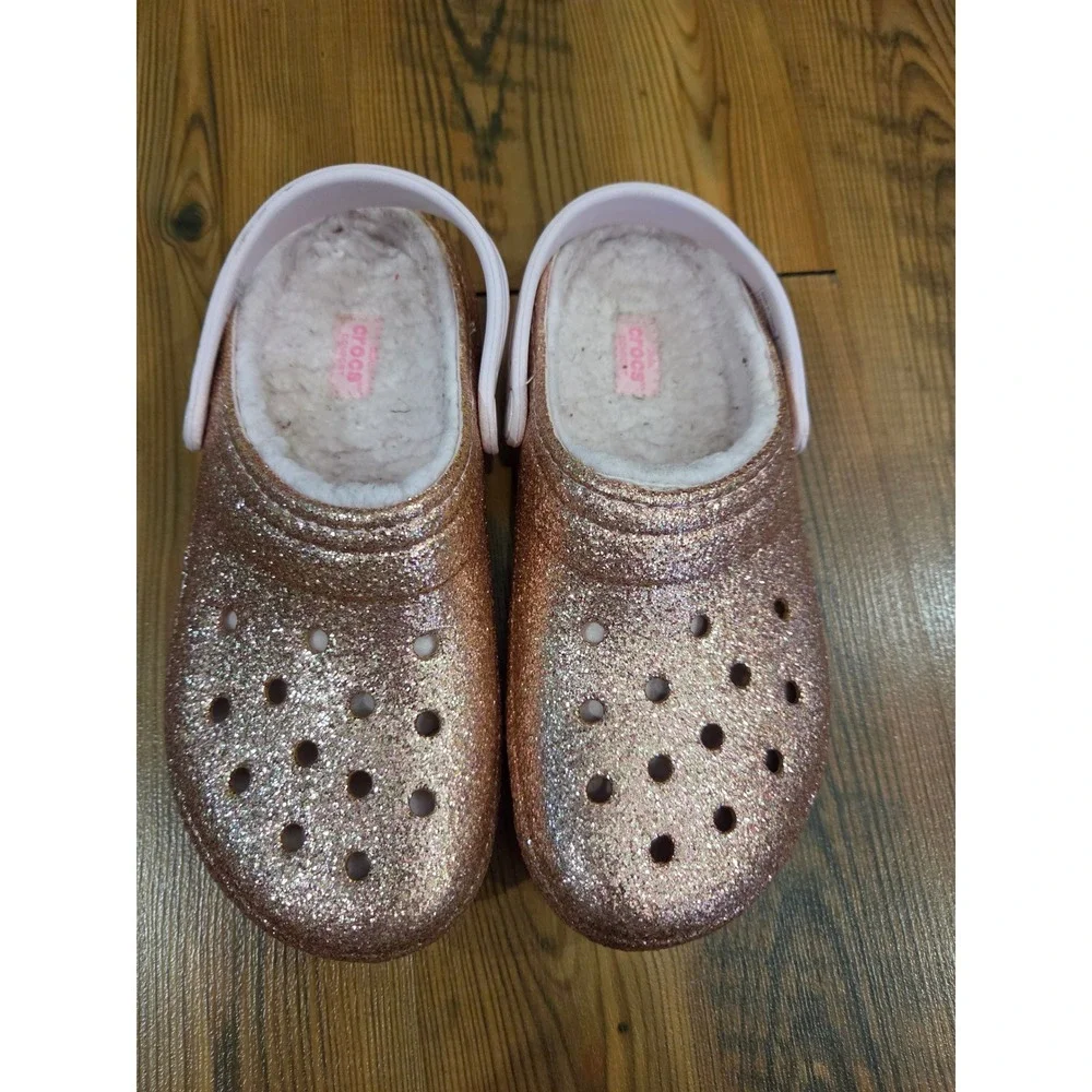Crocs Kids Comfort Classic Lined Clog Rose Gold Glitter Sparkle Fleece Soft 4